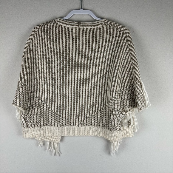 Anthropologie Gold White Striped Knit Fringe Short Sleeve Open Cardigan One Size - Picture 4 of 7